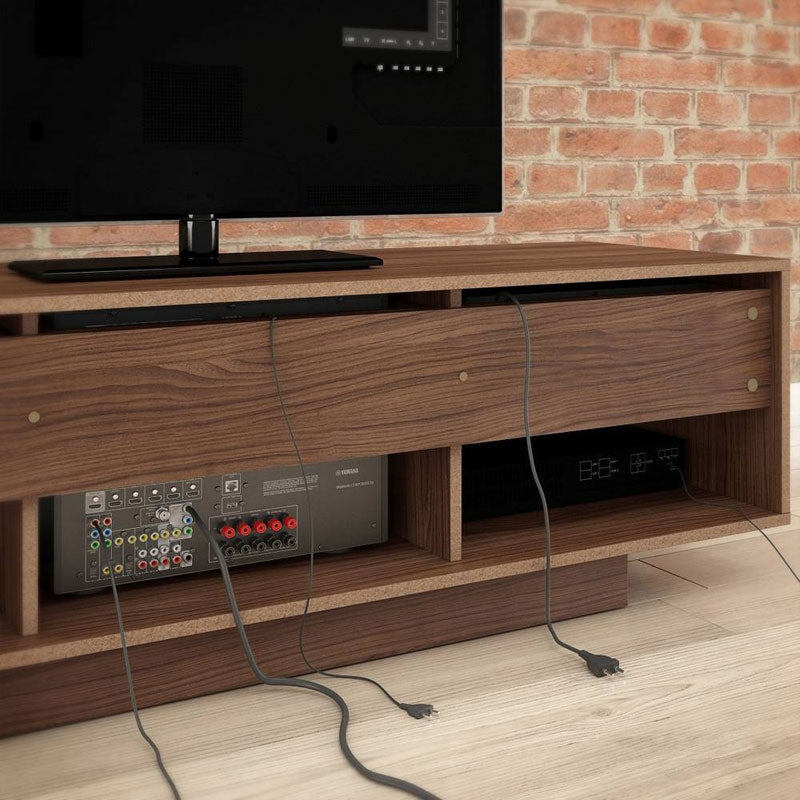 Nexera Rustik TV Stand 105131, media console cable-management and equipment storage detail