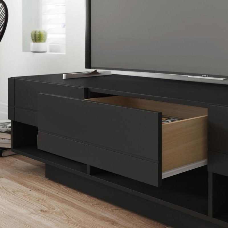 Nexera Stereo Series TV Stand 105406, low black media console drawer open