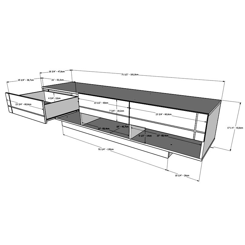 Nexera Stereo Series TV Stand 105403, low media console dimensions diagram