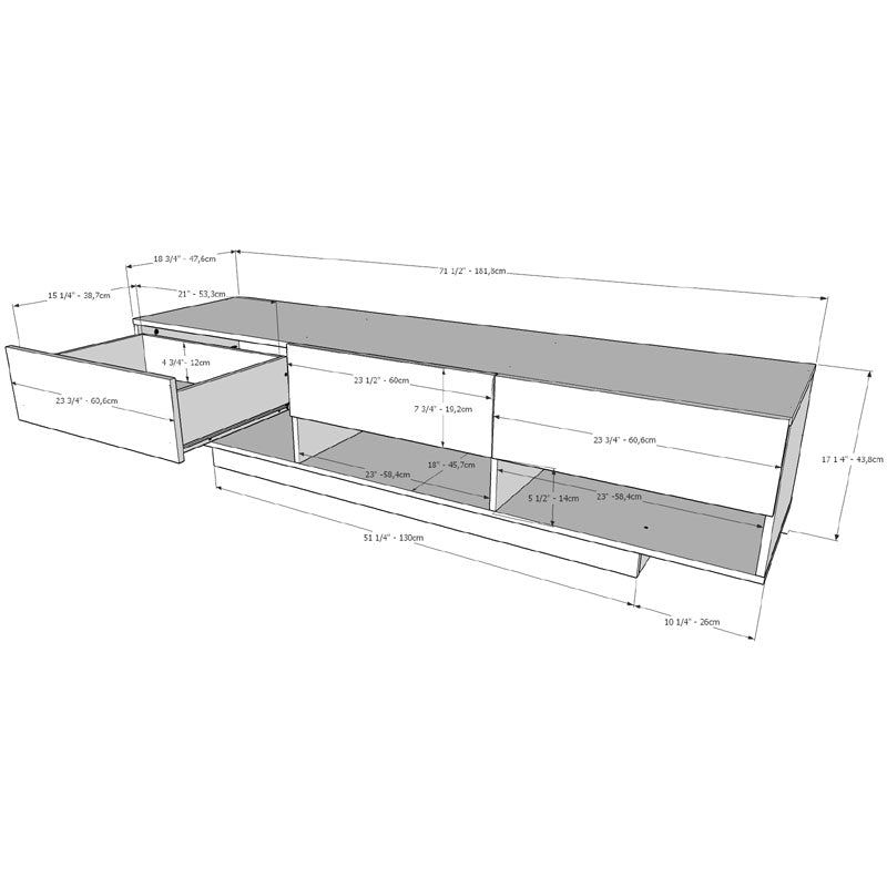 Nexera Rustik TV Stand 105483, media console technical line drawing