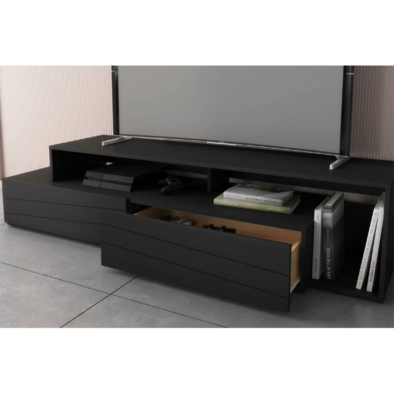 Nexera Tonik TV Stand 112006, black media console drawers and open shelf detail
