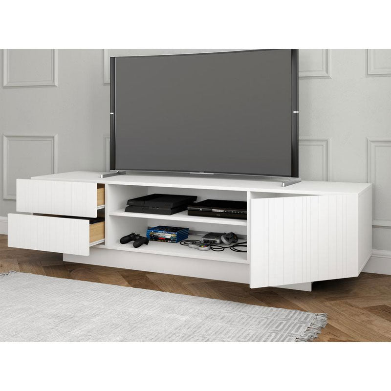Nexera Marble Series TV Stand 115403, white media console with drawers open