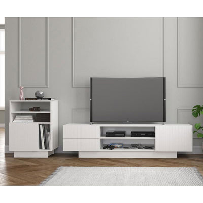 Nexera Marble Series TV Stand 115403, modular white media console in room setting