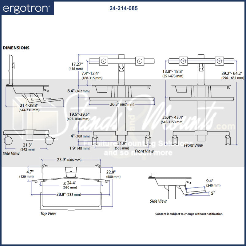 Ergotron Sit-Stand Workstation 24-214-085, dual-monitor workstation dimensions diagram