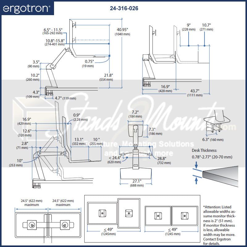 Ergotron Sit-Stand Desk Arm 24-316-026, dual-monitor sit-stand workstation dimensions diagram
