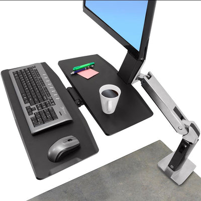 Ergotron Sit-Stand Desk Arm 24-317-026, adjustable workstation with keyboard, mouse, and accessories