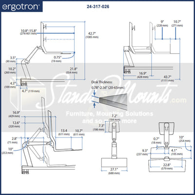 Ergotron Sit-Stand Desk Arm 24-317-026, adjustable sit-stand workstation dimensions diagram