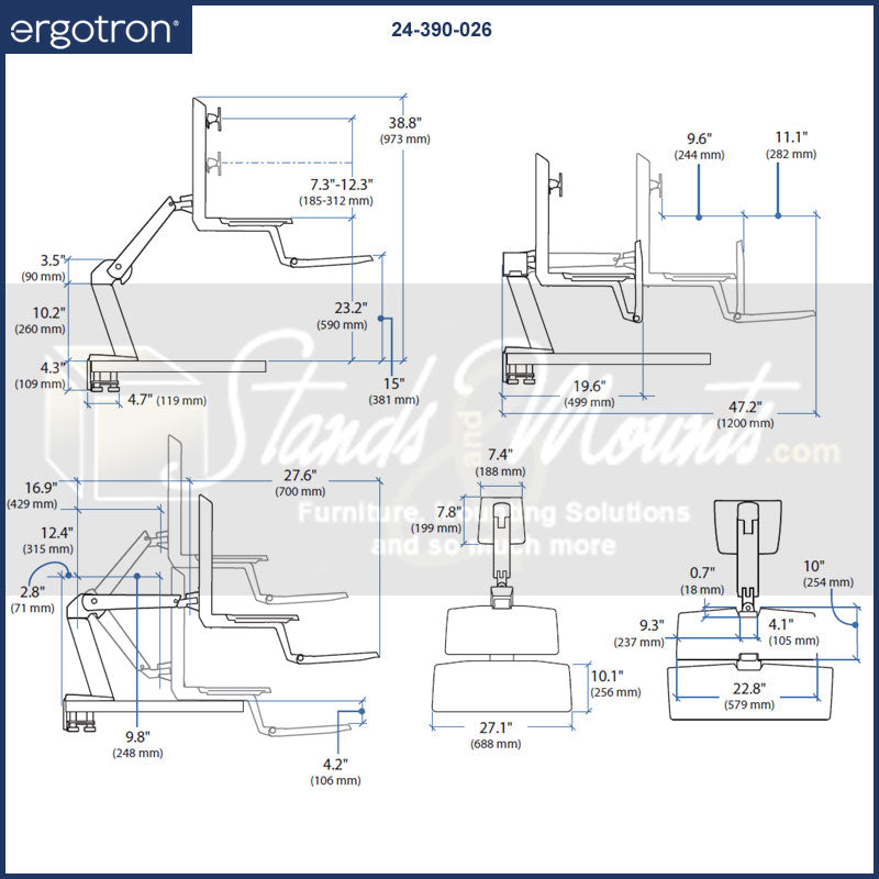 Ergotron Sit-Stand Desk Arm 24-390-026, sit-stand monitor workstation dimensions diagram