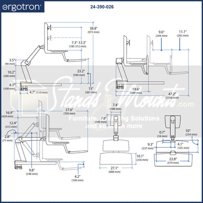Ergotron Sit-Stand Desk Arm 24-390-026, sit-stand monitor workstation dimensions diagram