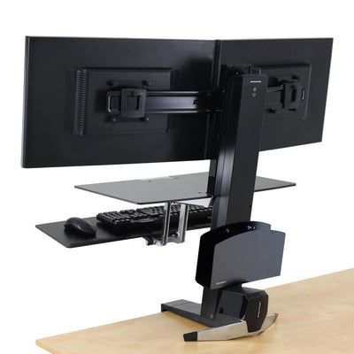 Ergotron Sit-Stand Desk Mount 33-349-200, dual-monitor sit-stand workstation in a rear view