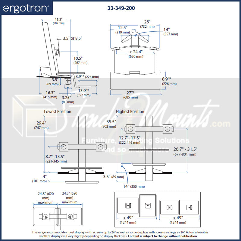 Ergotron Sit-Stand Desk Mount 33-349-200, dual-monitor sit-stand workstation dimensions diagram