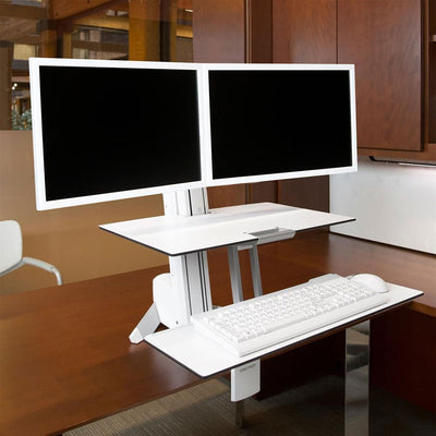 Ergotron Sit-Stand Desk Mount 33-349-211, dual-monitor sit-stand workstation in office