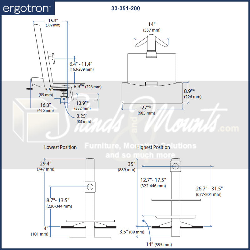 Ergotron Sit-Stand Desk Mount 33-351-200, sit-stand computer workstation dimensions diagram