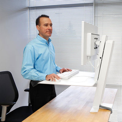Ergotron Sit-Stand Desk Mount 33-415-062, desktop sit-stand workstation standing position with user