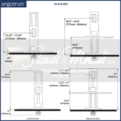 Ergotron Sit-Stand Desk Mount 33-415-062, desktop sit-stand workstation height adjustment dimensions diagram