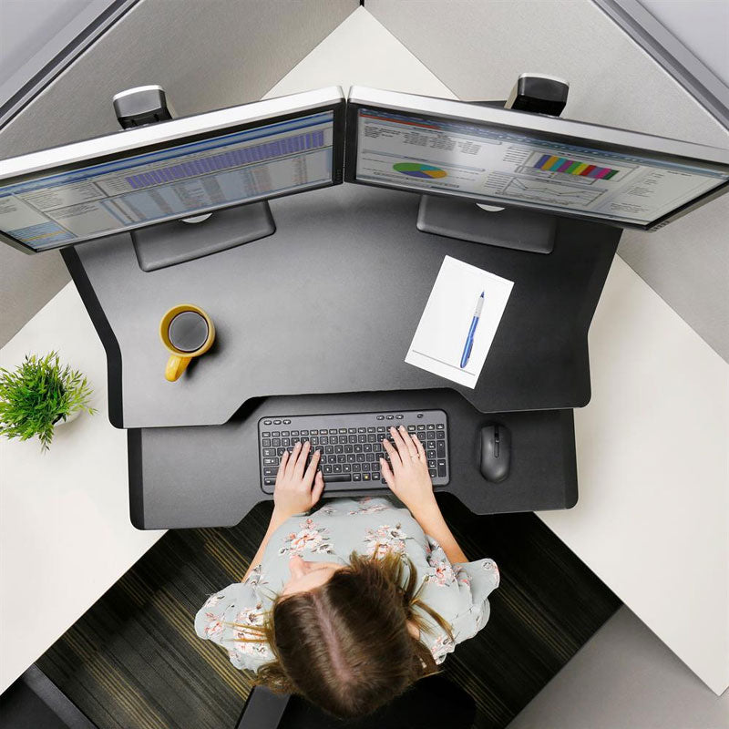 Ergotron Sit-Stand Desk Converter 33-468-921, dual-monitor sit-stand workstation overhead view