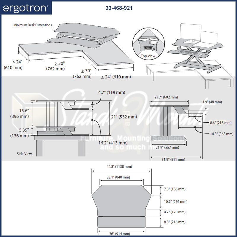 Ergotron Sit-Stand Desk Converter 33-468-921, sit-stand desk converter technical dimensions