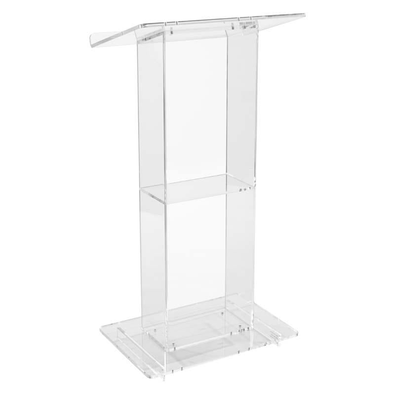 Oklahoma Sound Modern Clear Acrylic Lectern with Center Shelf 401S, clear acrylic lectern front three-quarter view with shelf