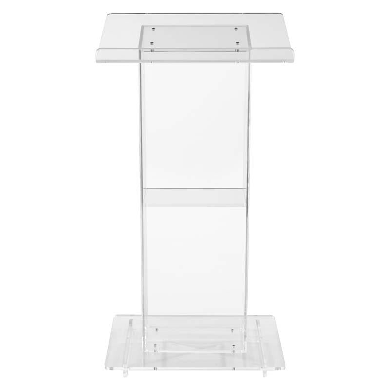 Oklahoma Sound Modern Clear Acrylic Lectern with Center Shelf 401S, clear acrylic lectern front view