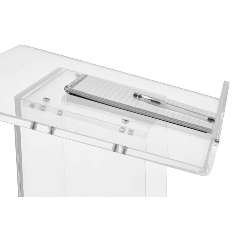 Oklahoma Sound Modern Clear Acrylic Lectern with Center Shelf 401S, clear acrylic lectern top surface close-up