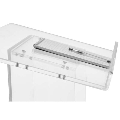 Oklahoma Sound Modern Clear Acrylic Lectern with Center Shelf 401S, clear acrylic lectern top surface close-up