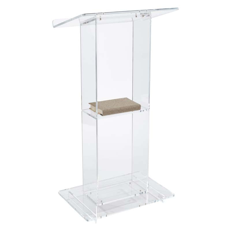 Oklahoma Sound Modern Clear Acrylic Lectern with Center Shelf 401S, clear acrylic lectern side view with shelf