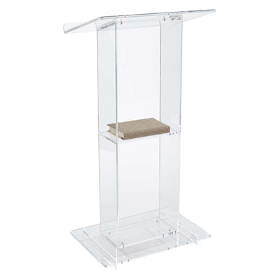 Oklahoma Sound Modern Clear Acrylic Lectern with Center Shelf 401S, clear acrylic lectern side view with shelf