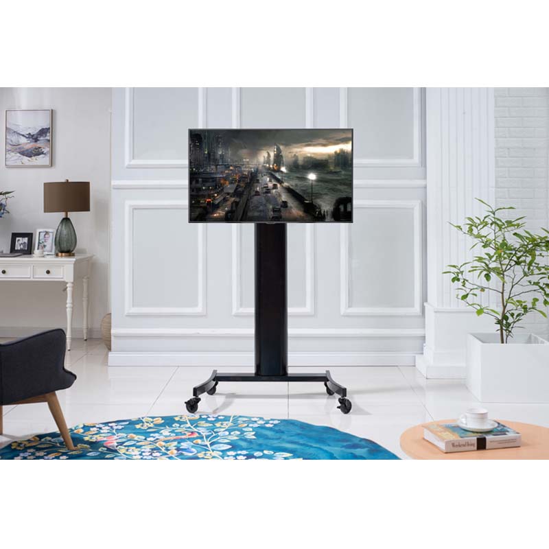 TransDeco Curved Wood 40 to 80 inch TV Pedestal Stand TD581GB, mobile display cart installed in living room
