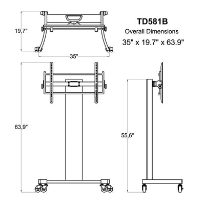 TransDeco Curved Wood 40 to 80 inch TV Pedestal Stand TD581GB, mobile display cart dimensions diagram