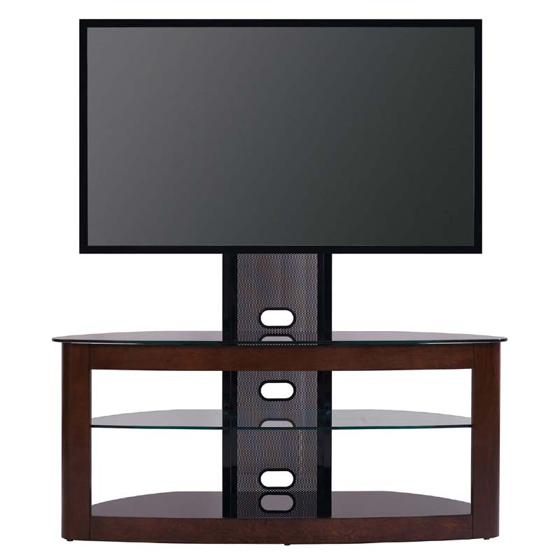 TransDeco Glass TV Stand with Mount for 35 to 80 inch Screens TD600DB, wood and glass TV console with installed display in a front view