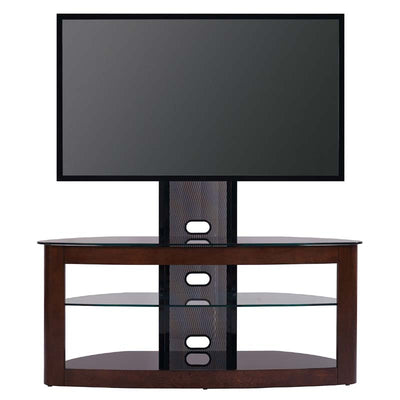 TransDeco Glass TV Stand with Mount for 35 to 80 inch Screens TD600DB, wood and glass TV console with installed display in a front view