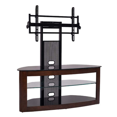 TransDeco Glass TV Stand with Mount for 35 to 80 inch Screens TD600DB, wood and glass TV console with display mount in a front view