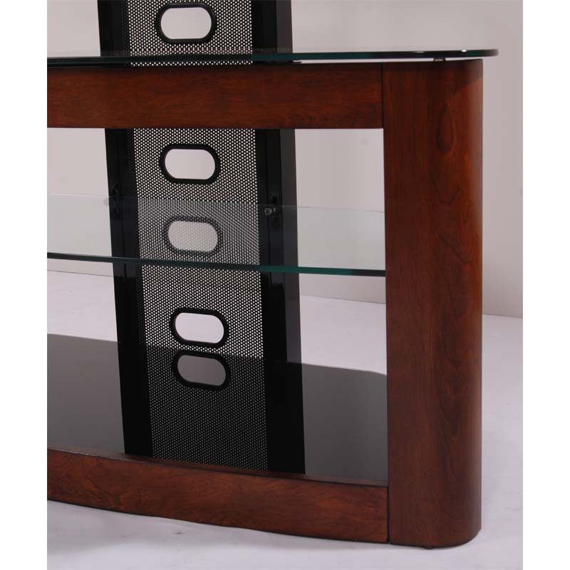 TransDeco Glass TV Stand with Mount for 35 to 80 inch Screens TD600DB, TV console center cable-management openings close-up