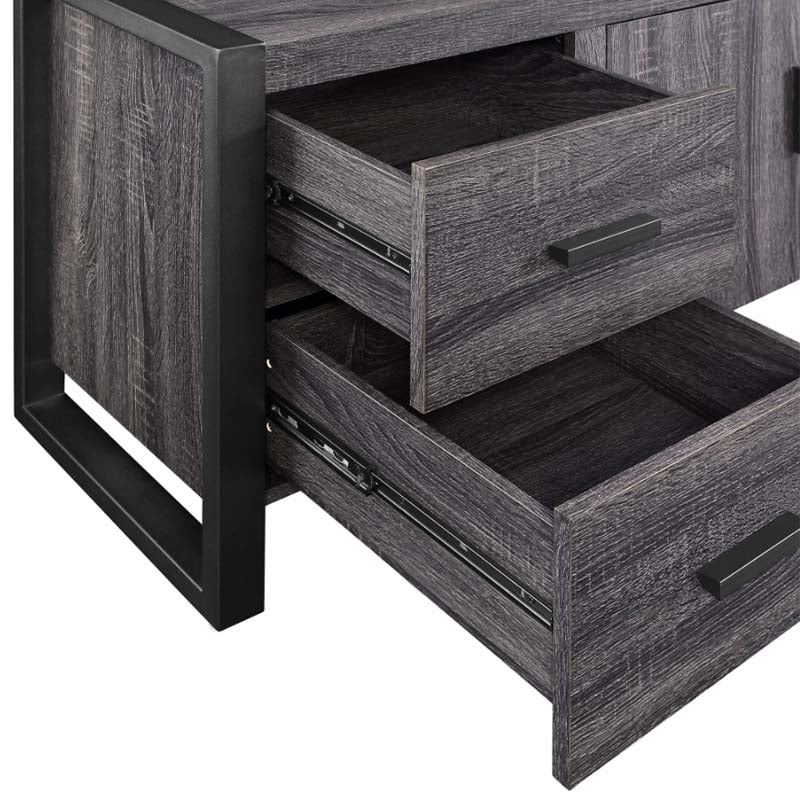 Walker Edison Urban Blend 70 inch TV Console W70UBC22CL, dark wood side table with both drawers open