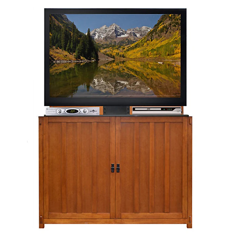 Touchstone Elevate Mission TV Lift Cabinet 72006, TV and media components installed on a wood cabinet