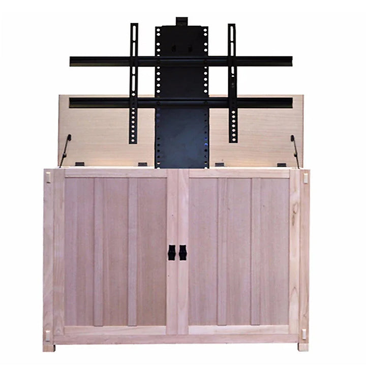 A wooden cabinet or storage unit with two doors and a black metal TV wall mount assembly.
