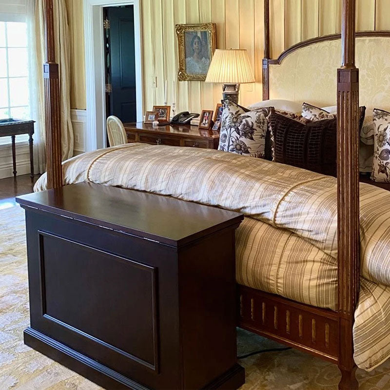 Touchstone Mini Elevate TV Lift Cabinet 75008, TV lift cabinet beside bed in bedroom