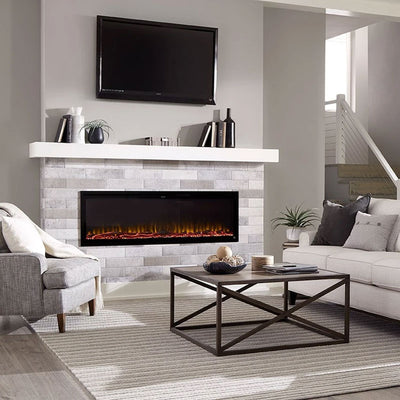 Touchstone Sideline Elite Recessed Smart Electric Fireplace 80044, linear electric fireplace installed in living room