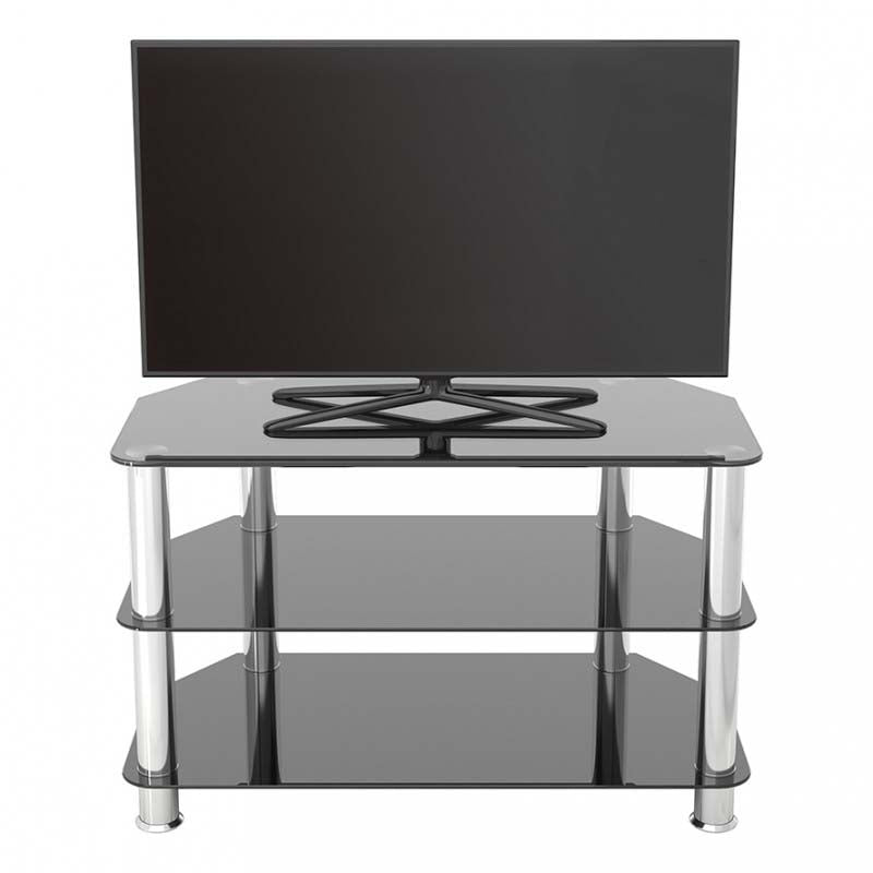 AVF SDC Series Glass Corner TV Stand SDC800-A, black glass TV stand with display front view
