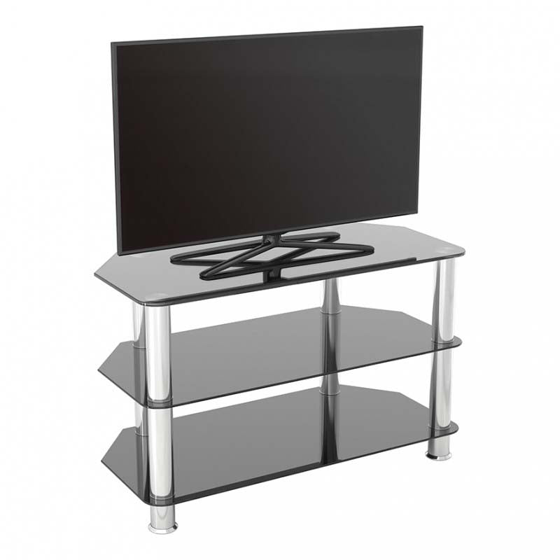 AVF SDC Series Glass Corner TV Stand SDC800-A, black glass TV stand with display front three-quarter view