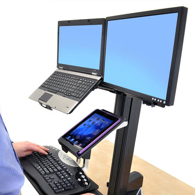 Ergotron Tablet or Document Holder 97-558-200, computer workstation with monitor, laptop, and tablet