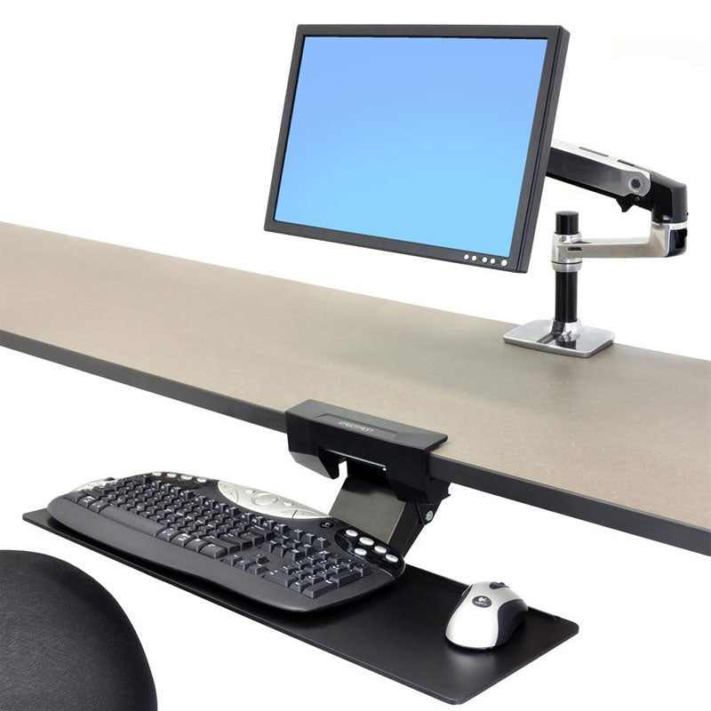 Ergotron Underdesk Keyboard Arm 97-582-009, keyboard tray installed under desk with monitor arm