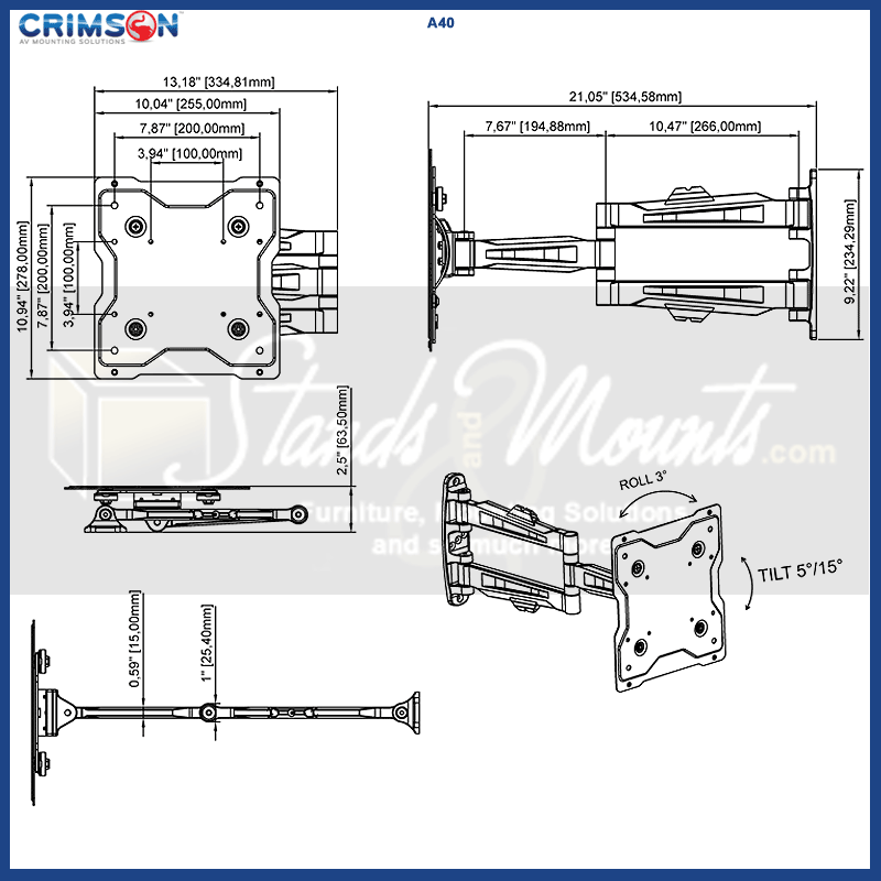 Crimson Medium Articulating TV Wall Mount A40, dual-monitor desk mount technical dimensions