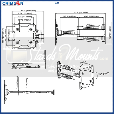Crimson Medium Articulating TV Wall Mount A40, dual-monitor desk mount technical dimensions
