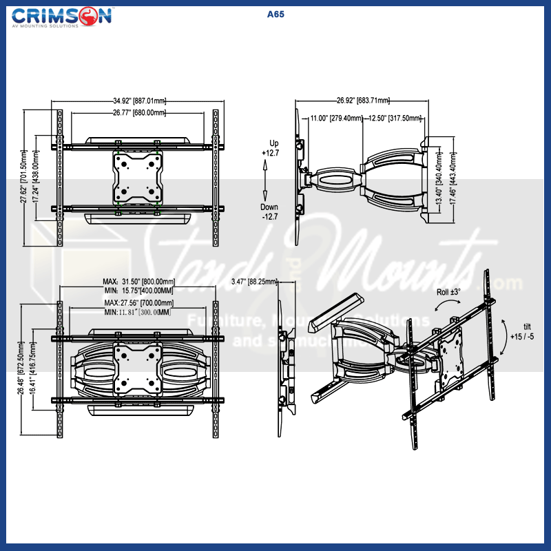 Crimson Extra Large Articulating TV Wall Mount A65, multi-display floor stand technical dimensions