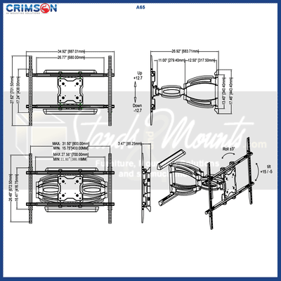 Crimson Extra Large Articulating TV Wall Mount A65, multi-display floor stand technical dimensions