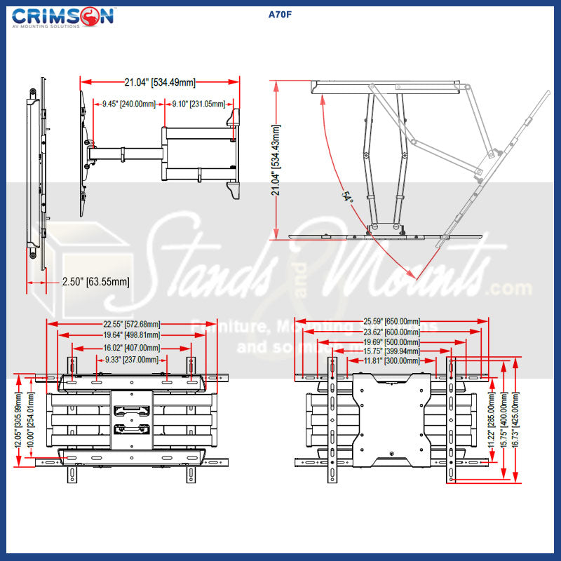 Crimson Extra Large Articualting TV Wall Mount A70F, ceiling display lift dimensions diagram