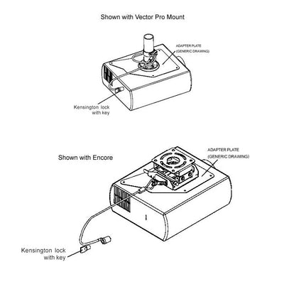 Peerless-AV Armor Lock Security Cable ACC020, projector enclosure mounting and lock adapter diagram