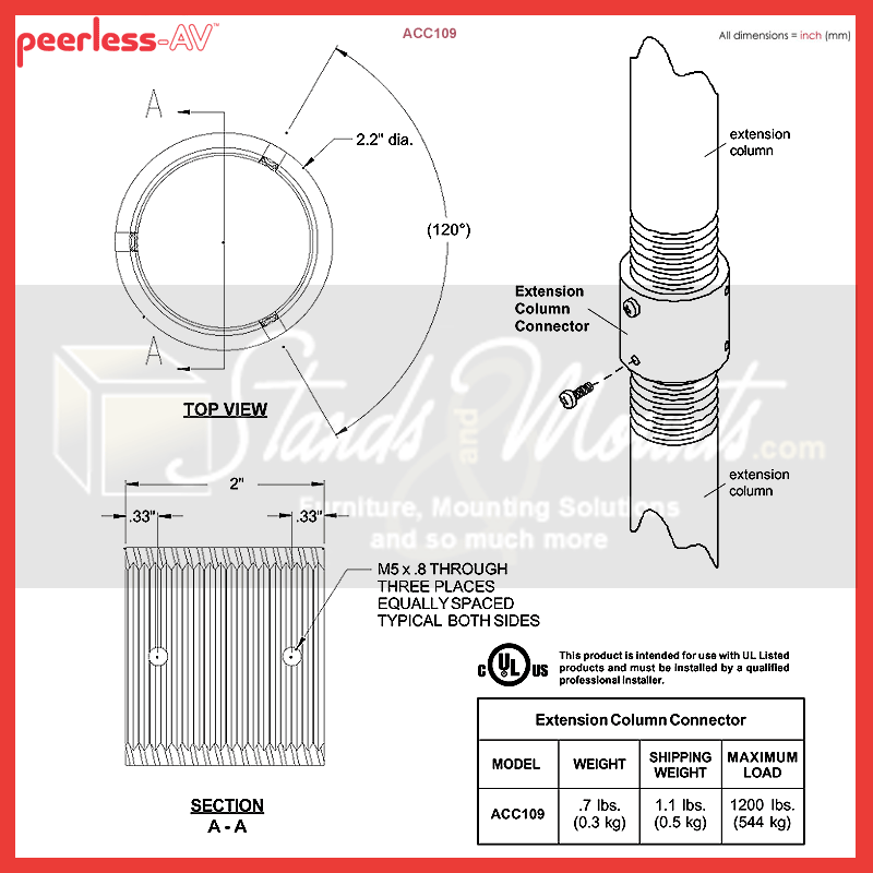 Peerless-AV Extension Column Connector ACC109, extension column connector dimensions diagram
