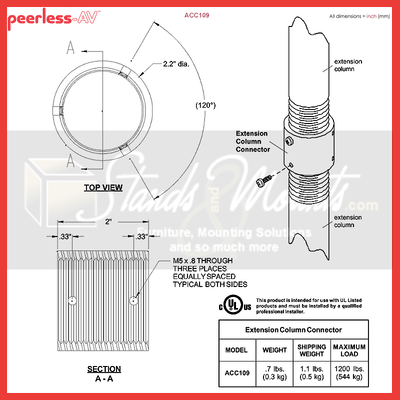 Peerless-AV Extension Column Connector ACC109, extension column connector dimensions diagram